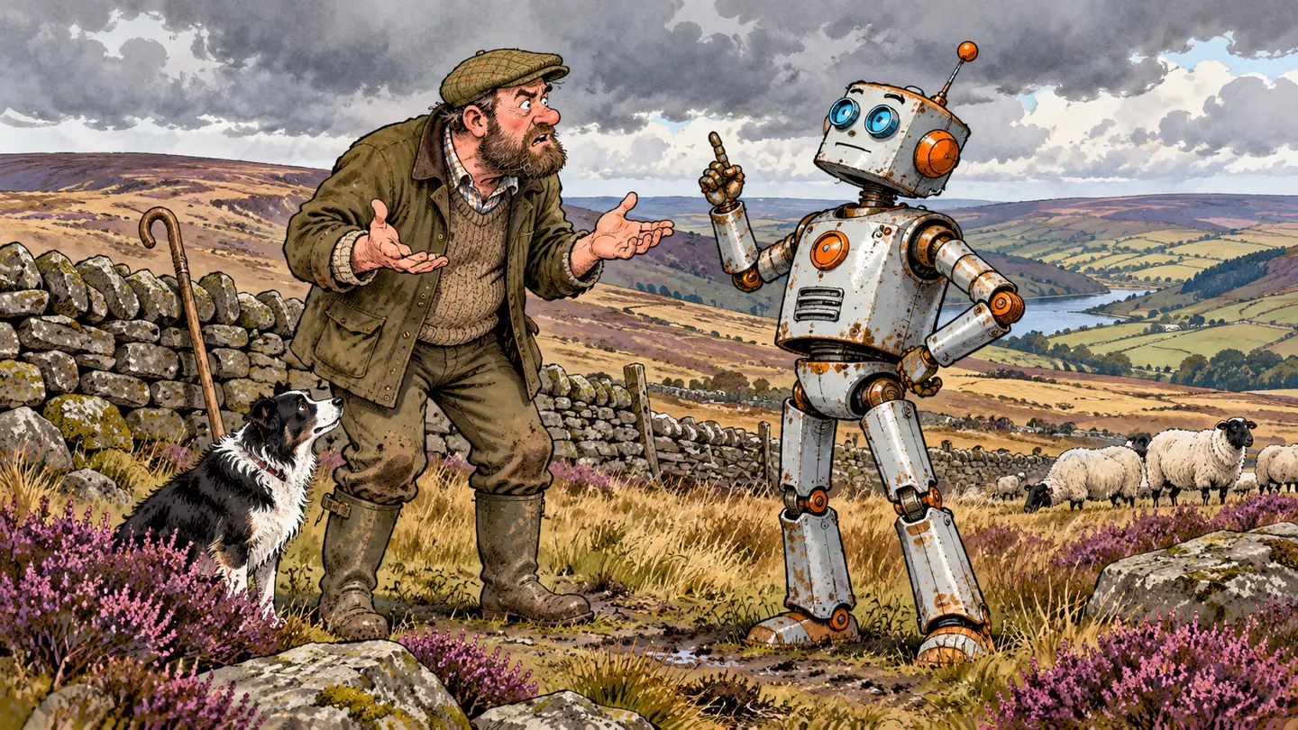 A bearded Yorkshire farmer arguing with a robot on the moors beside a dry stone wall.
